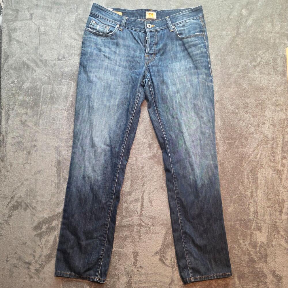 BOSS Orange Jeans Mens 36x32 Blue Medium Wash Button Fly Regular Straight Leg